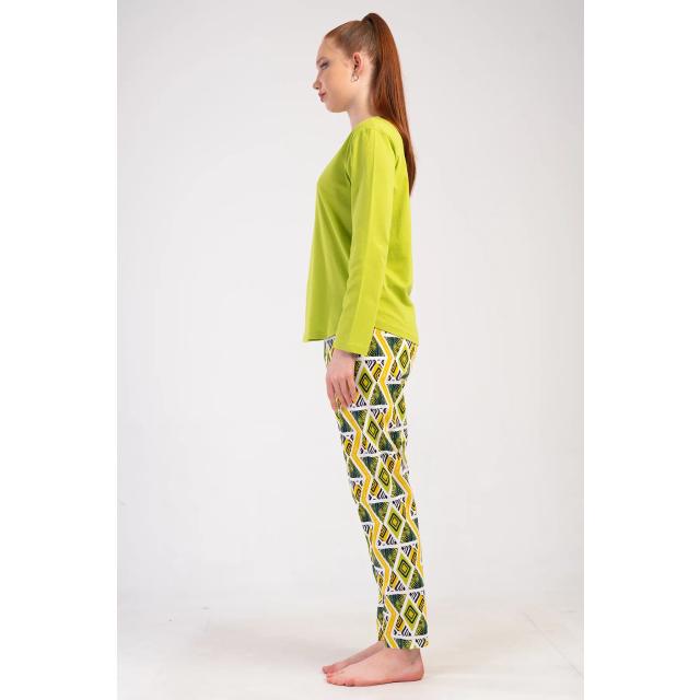 Kadın Büyük Beden Süprem Sarı Etnik Desenli Uzun Kollu Pijama Takımı