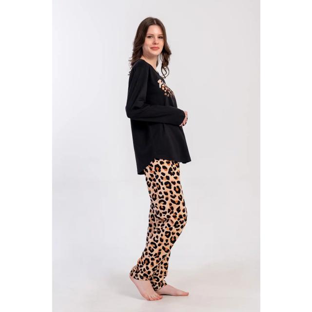 Kadın Büyük Beden Süprem Siyah Leopar Uzun Kollu Pijama Takımı