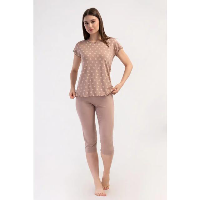 Kadın Büyük Beden Viskon Kahverengi Kalp Desenli Kapri Tayt Pijama Takım Kadın Büyük Beden Viskon Kahverengi Kalp Desenli Kapri Tayt Pijama Takım