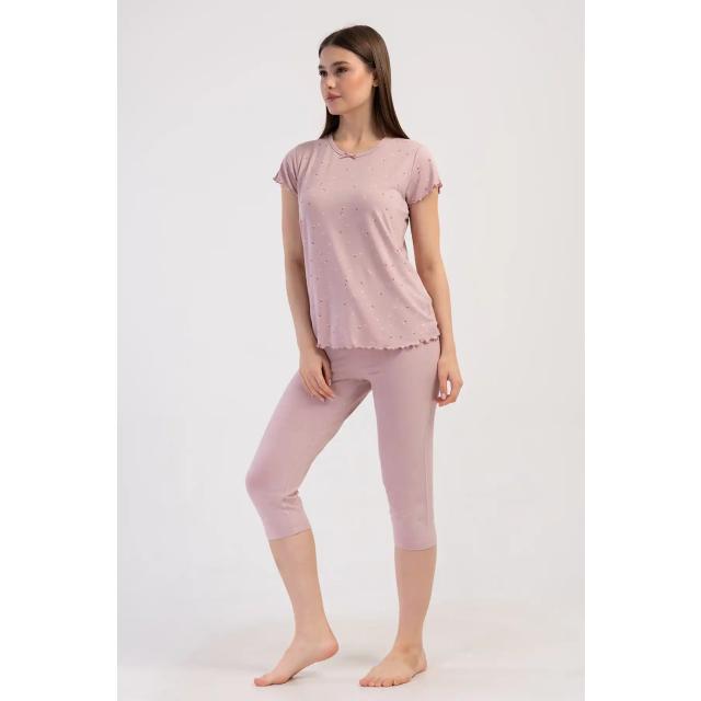 Kadın Büyük Beden Viskon Pembe V Yaka Desenli Kapri Pijama Takım Kadın Büyük Beden Viskon Pembe V Yaka Desenli Kapri Pijama Takım