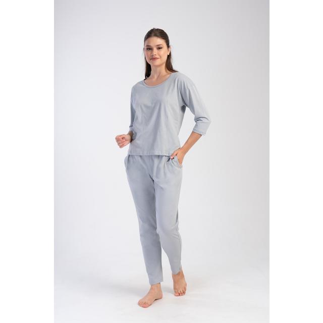 Kadın Gri O Yaka Düşük Omuzlu Pileli Cepli Pijama Takım Kadın Gri O Yaka Düşük Omuzlu Pileli Cepli Pijama Takım