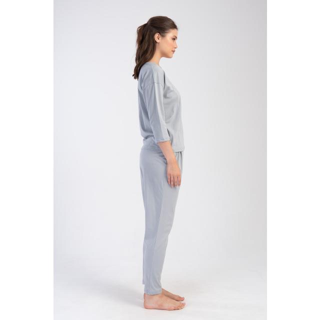 Kadın Gri O Yaka Düşük Omuzlu Pileli Cepli Pijama Takım