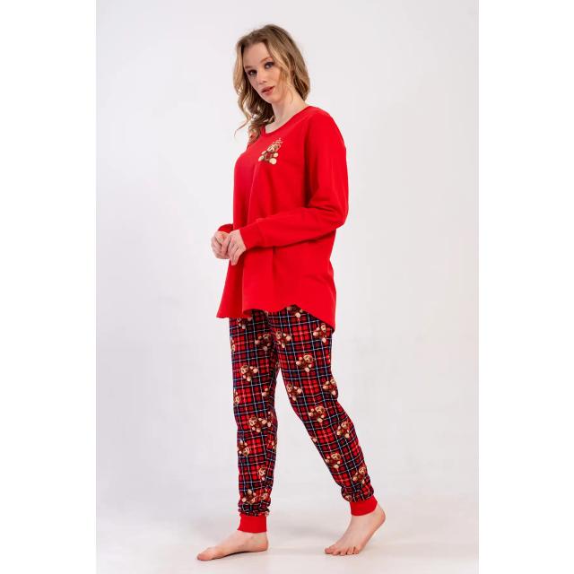 Kadın İki İplik Büyük Beden Kırmızı Ekoseli Desenli Manşetli Uzun Kollu Pijama Takım 