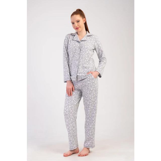 Kadın Jakarlı Gri Çiçek Desenli Gömlek Cepli Pijama Takımı Kadın Jakarlı Gri Çiçek Desenli Gömlek Cepli Pijama Takımı