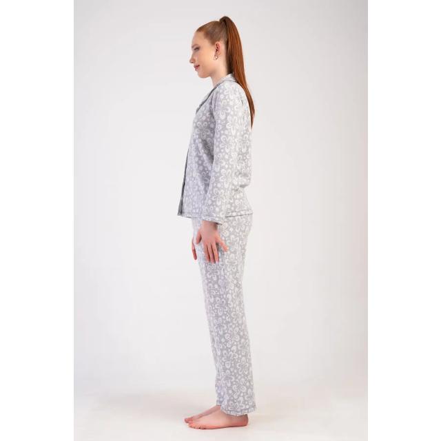Kadın Jakarlı Gri Çiçek Desenli Gömlek Cepli Pijama Takımı