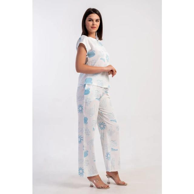 Kadın Kıbrıs Keten Beyaz Desenli Kayık Kaya Cepli Pijama Takım