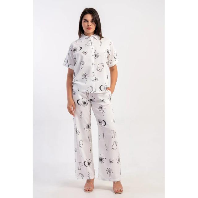 Kadın Kıbrıs Keten Beyaz Desenli Kısa Kol Gömlek Pijama Takım