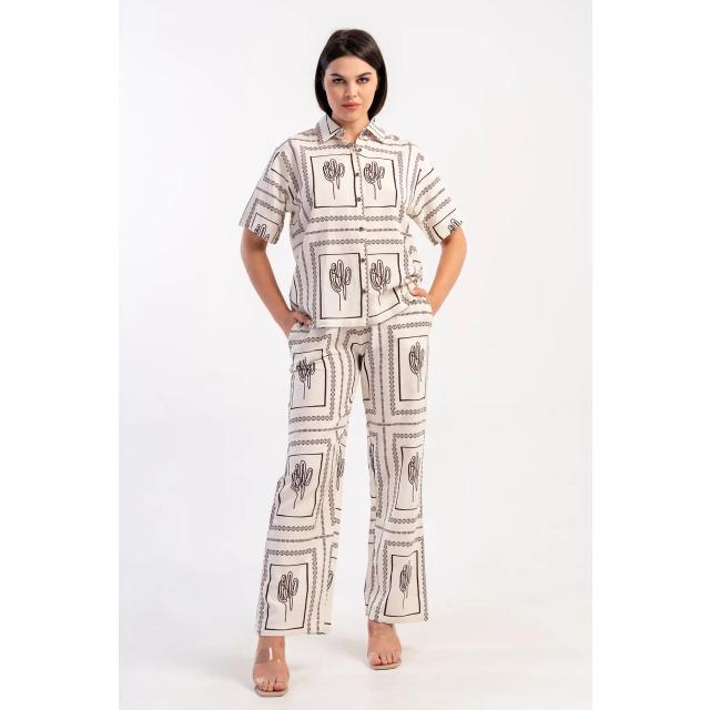 Kadın Kıbrıs Keten Beyaz Kısa Kol Cepli Gömlek Pijama Takım