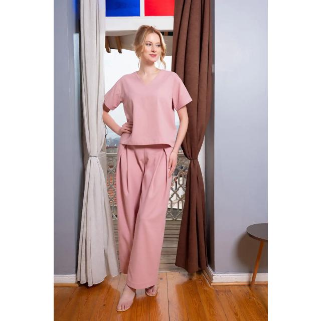 Kadın Kıbrıs Keten Pembe Kısa Kol V Yava Pile Detaylı Pijama Takım Kadın Kıbrıs Keten Pembe Kısa Kol V Yava Pile Detaylı Pijama Takım