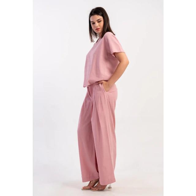 Kadın Kıbrıs Keten Pembe Kısa Kol V Yava Pile Detaylı Pijama Takım