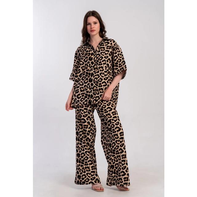 Kadın Leopar Desenli Bol Kesim Gömlek Pijama Takım