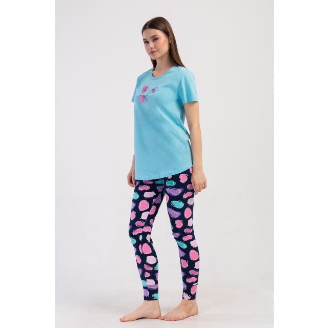 Kadın Likra Suprem O Yaka Kısa Kol Bluzu Uzun Tayt Pijama Takım