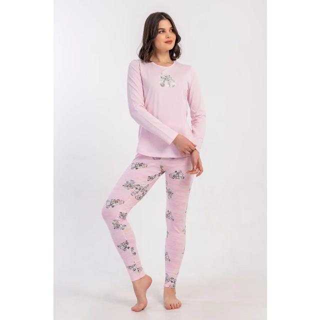 Kadın Likra Süprem Pembe Desenli Uzun Kollu Tayt Pijama Takım Kadın Likra Süprem Pembe Desenli Uzun Kollu Tayt Pijama Takım