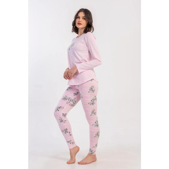 Kadın Likra Süprem Pembe Desenli Uzun Kollu Tayt Pijama Takım