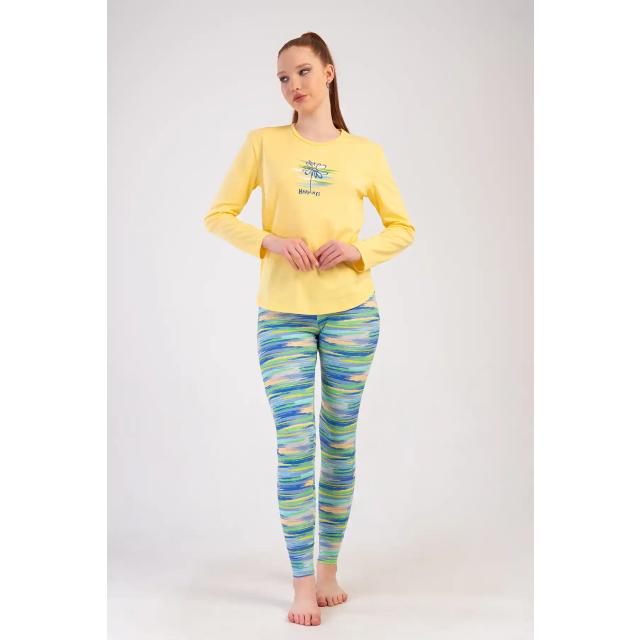 Kadın Likra Süprem Sarı Desenli Uzun Kollu Tayt Pijama Takım Kadın Likra Süprem Sarı Desenli Uzun Kollu Tayt Pijama Takım
