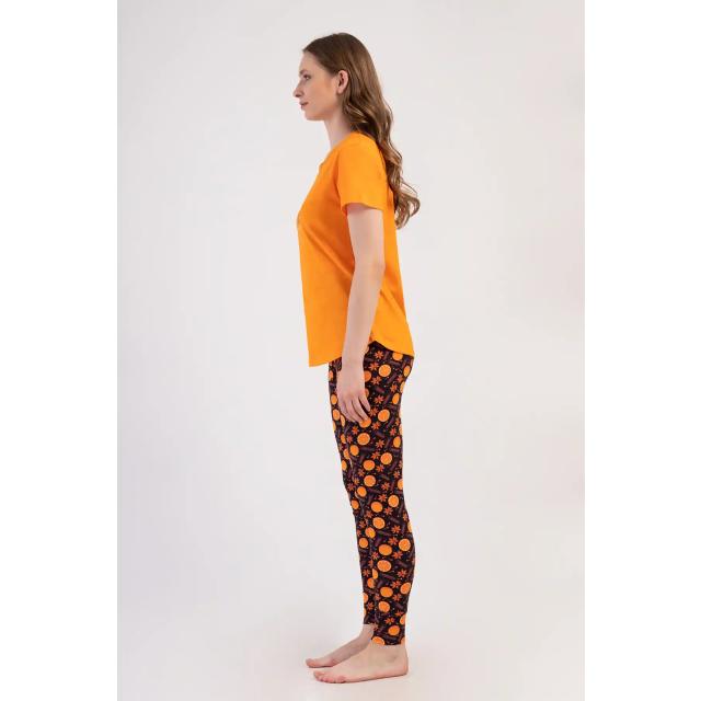 Kadın Likralı Süprem Orange Kısa Kollu Taytlı Pijama Takım