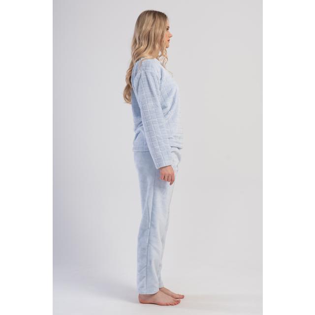 Kadın Mavi Ultra Soft V Yaka Uzun Kol Cepli Pijama Takım