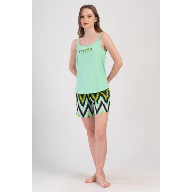 Kadın Mint Yeşili Desen İp Askılı Şortlu Pijama Takım Kadın Mint Yeşili Desen İp Askılı Şortlu Pijama Takım