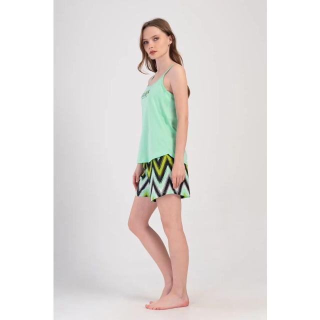 Kadın Mint Yeşili Desen İp Askılı Şortlu Pijama Takım