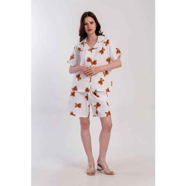 Kadın Müslin Krem Ayıcık Desenli Ceket Yaka Gömlek Cepli Şort Pijama Takım