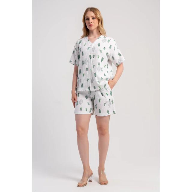 Kadın Müslin Beyaz Kaktüs Desenli V Yaka Kısa Kol Gömlek Şortlu Pijama Takım