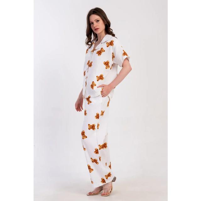 Kadın Müslin Krem Ayıcık Desenli Ceket Yaka Gömlek Cepli Pijama Takım