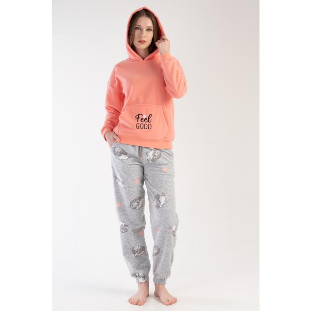 Kadın Polar Kapşonlu Uzun Kol Kanguru Cepli Paçası Büzgülü Kirpili Pijama Takım 