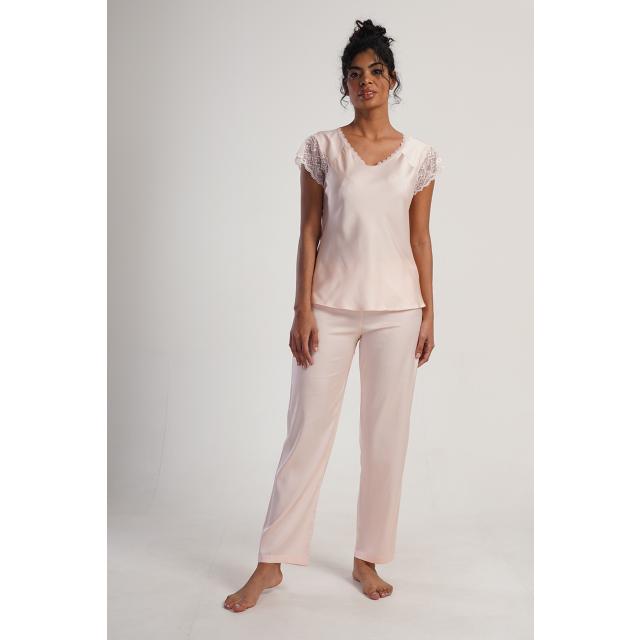 Kadın Saten Dantel Detaylı Kısa Kol Pembe Pijama Takım