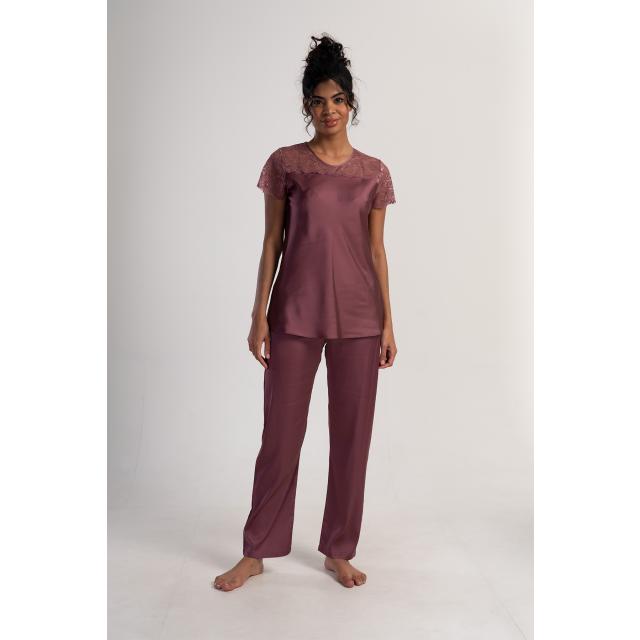 Kadın Saten Dantel Detaylı Kısa Kol Pijama Takım