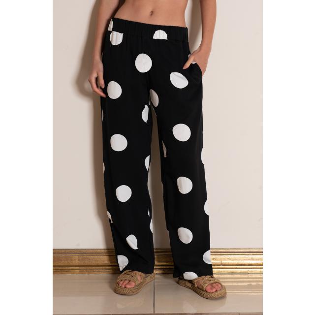 Kadın Siyah Çizgili Cepli Beyaz Puantiyeli Pijama Alt 