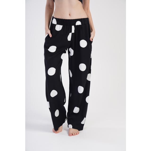 Kadın Siyah Çizgili Cepli Beyaz Puantiyeli Pijama Alt 