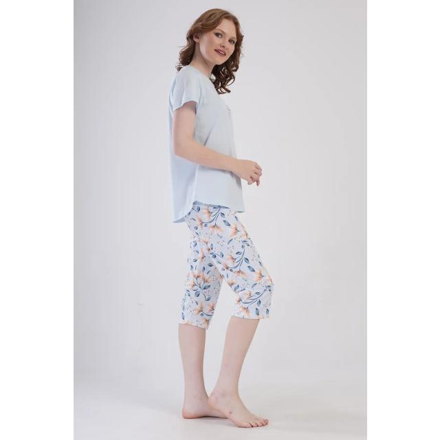 Kadın Süprem Açık Mavi Çiçek Desenli Kapri Pijama Takım