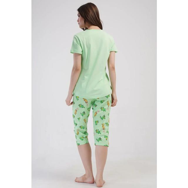 Kadın Süprem Açık Yeşil Desenli Kısa Kollu Kapri Pijama Takım