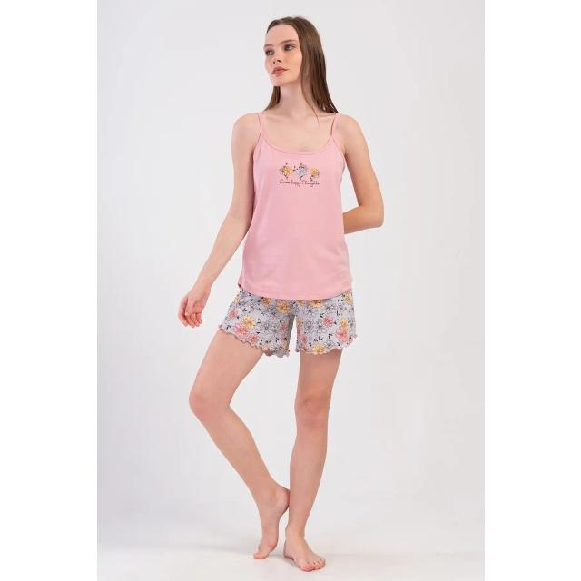 Kadın Süprem Askılı Pembe Gri Çiçek Desenli Şortlu Pijama Takım