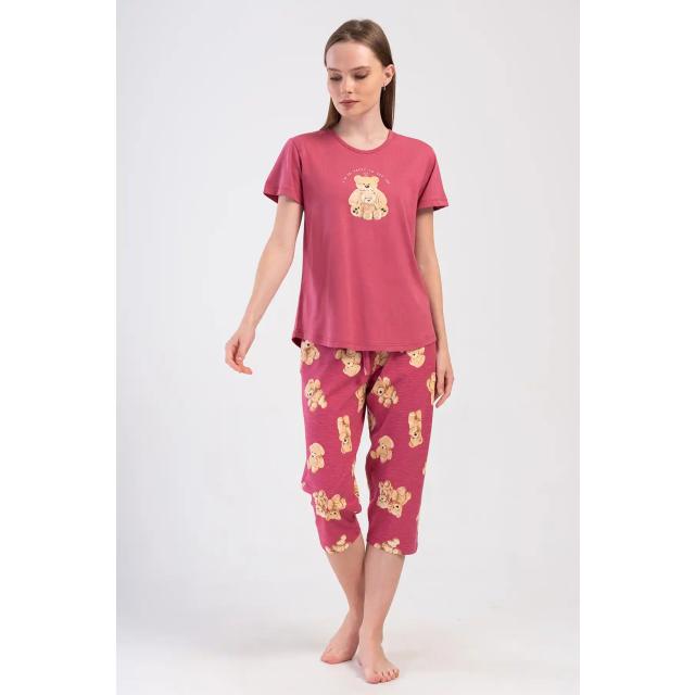 Kadın Süprem Bordo Ayıcık Desenli Kısa Kollu Kapri Pijama Takım Kadın Süprem Bordo Ayıcık Desenli Kısa Kollu Kapri Pijama Takım