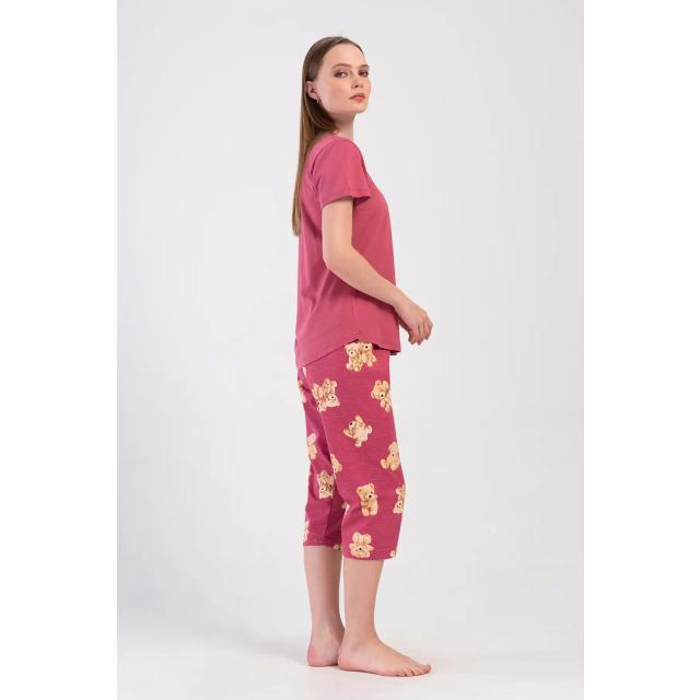 Kadın Süprem Bordo Ayıcık Desenli Kısa Kollu Kapri Pijama Takım