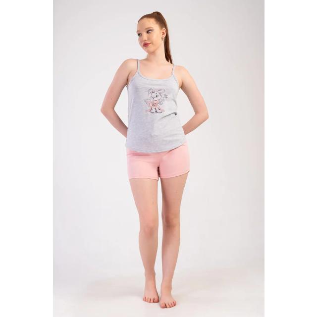 Kadın Süprem Gri Pembe İnce Askılı Şortlu Pijama Takım
