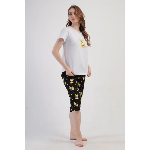Kadın Süprem Gri Siyah Ayıcık Desenli Kapri Pijama Takım