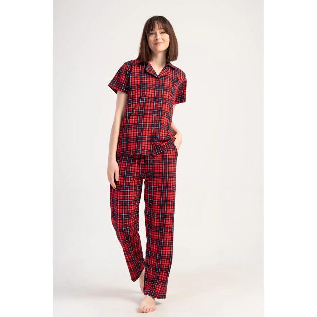 Kadın Süprem Kırmızı Ekoseli Gömlek Kısa Kollu Pijama Takım Kadın Süprem Kırmızı Ekoseli Gömlek Kısa Kollu Pijama Takım