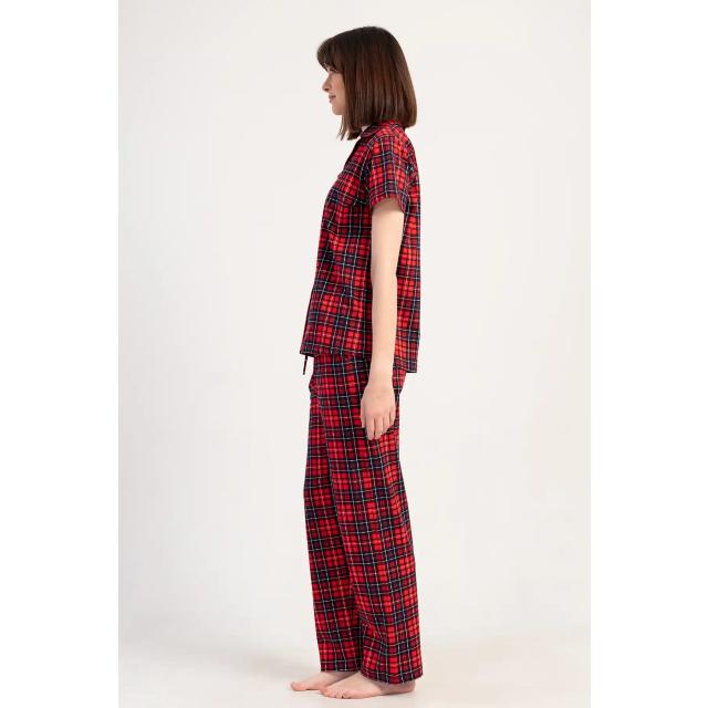 Kadın Süprem Kırmızı Ekoseli Gömlek Kısa Kollu Pijama Takım