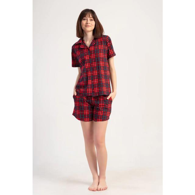 Kadın Süprem Kırmızı Ekoseli Gömlek Kısa Kollu Şortlu Pijama Takım Kadın Süprem Kırmızı Ekoseli Gömlek Kısa Kollu Şortlu Pijama Takım