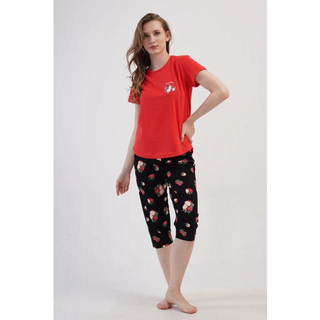 Kadın Süprem Kırmızı Siyah Meyve Desenli Kapri Pijama Takım