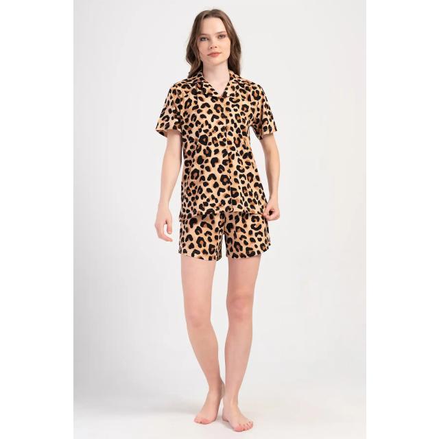 Kadın Süprem Leopar Gömlek Şort Pijama Takım Kadın Süprem Leopar Gömlek Şort Pijama Takım