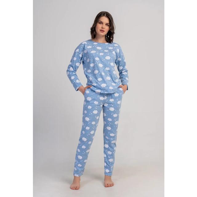 Kadın Süprem Mavi Bulut Desenli Cepli Uzun Kollu Pijama Takımı Kadın Süprem Mavi Bulut Desenli Cepli Uzun Kollu Pijama Takımı