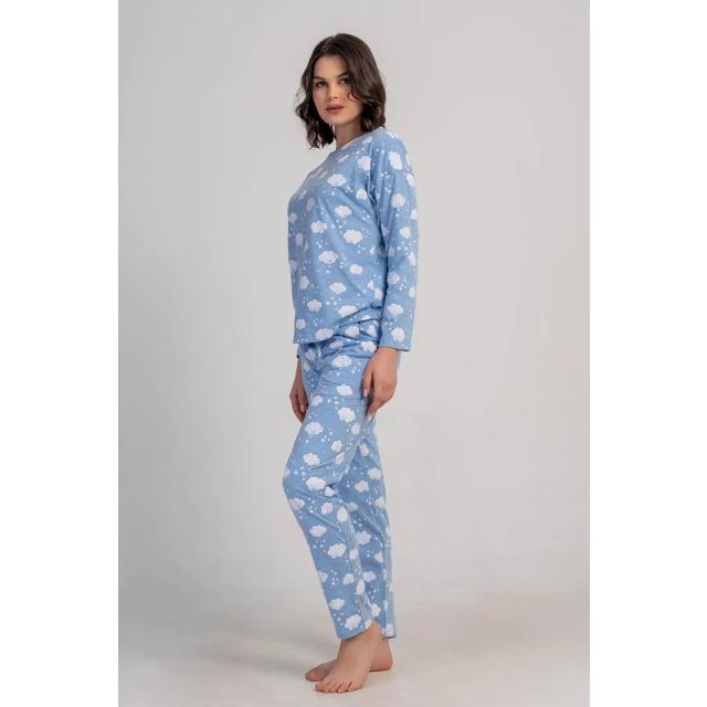 Kadın Süprem Mavi Bulut Desenli Cepli Uzun Kollu Pijama Takımı