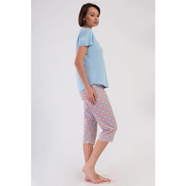 Kadın Süprem Mavi Ekoseli Kapri Pijama Takım