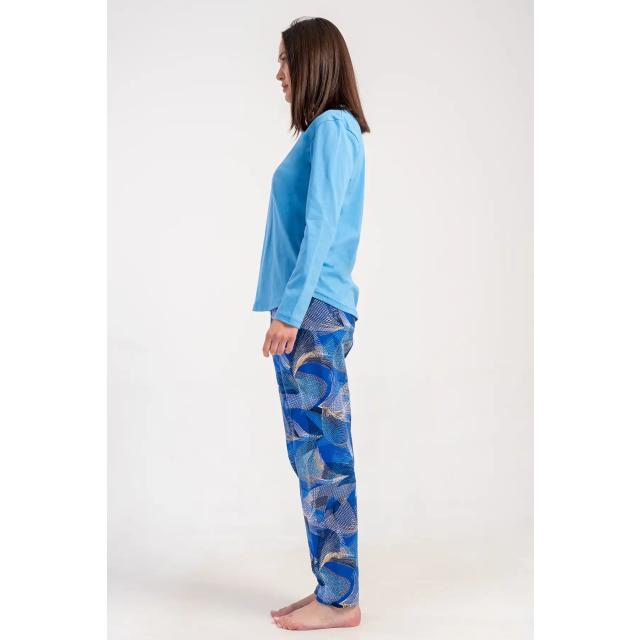 Kadın Süprem Mavi Uzun Kollu Desenli Pijama Takımı