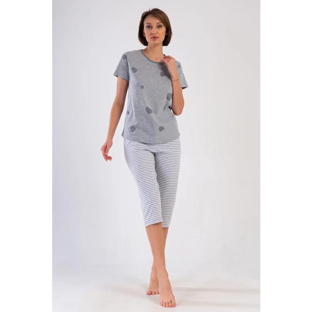 Kadın Süprem Melanj Gri Desenli Çizgili Kapri Pijama Takım Kadın Süprem Melanj Gri Desenli Çizgili Kapri Pijama Takım