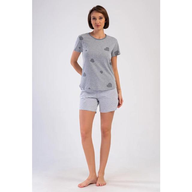 Kadın Süprem Melanj Gri Kısa Kol Desenli Çizgili Şortlu Pijama Takım