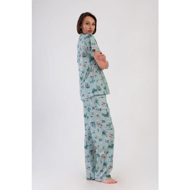 Kadın Süprem Mint Yeşili Gömlek Yaka Düğmeli Kısa Kollu Cepli Pijama Takımı